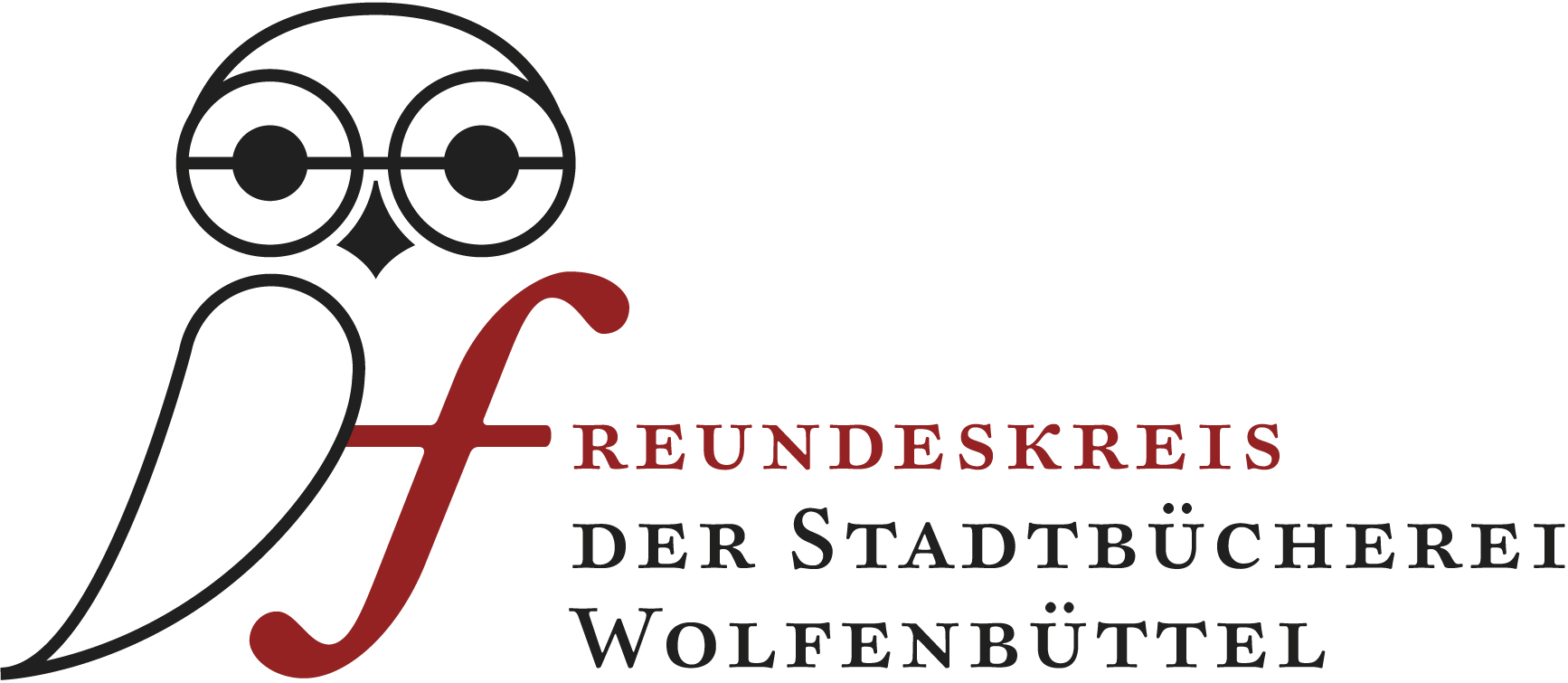 Logo des Freundeskreises der Stadtbücherei, eine Eule mit dem Schriftzug Freundeskreis der Stadtbücherei Wolfenbüttel